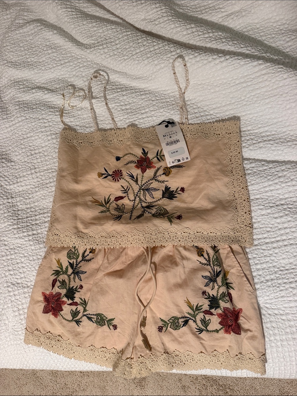 Zara Peach Embroidered Lace-Trim Cami & Short Set